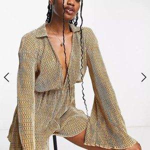 ASOS DESIGN plisse 70s collar plunge romper in geo print